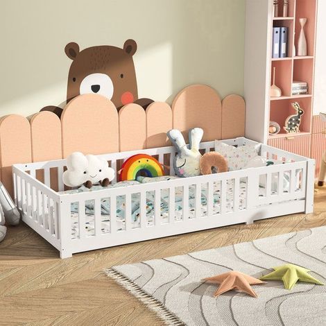 Cama 90x200 cm - 231223SHJ - Barandilla de seguridad - Diseño moderno - madera maciza - marco de cama infantil 90x200 cm - Blanco