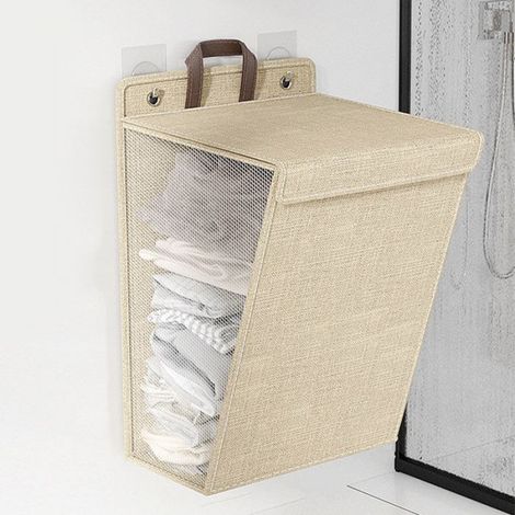 Vvikizy panier à linge sale pliable Vvikizy Panier à linge suspendu Panier à linge mural pliable, meuble boite Beige Taille M (1/5)