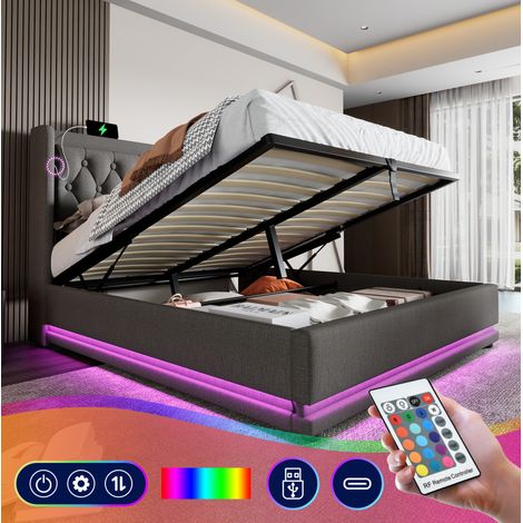 Stauraumbett 140x200 cm grau aus Baumwolle mit USB-C, LED und hydraulischem Bettkasten (1/5)