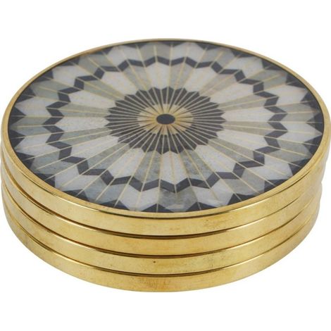 Circular Design Coasters (Pack of 4) - Brass/Resin/Wood - L10.2 x W10.2 x H3 cm - Gold/Black/Grey