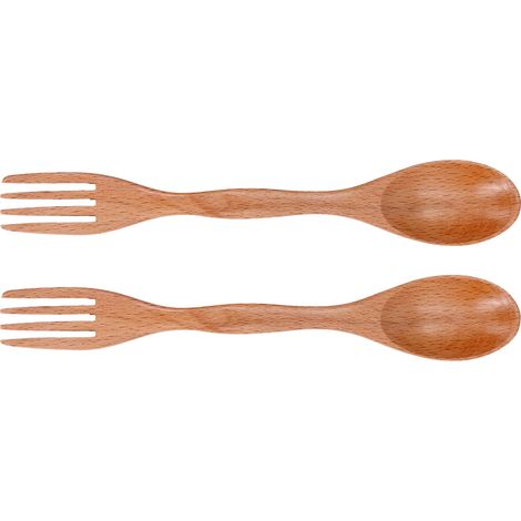 Cuillère et fourchette en bois de hêtre, set de 2 pièces, couverts mixtes pour dessert, vaisselle en bois naturel, double usage, idéal pour repas et pique-nique. (1/5)