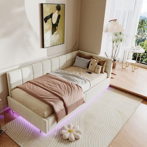 Lit coffre 90x200 cm - Schlafsofa mit LED und USB - Beige Samt - Modernes Design - 1 Platz