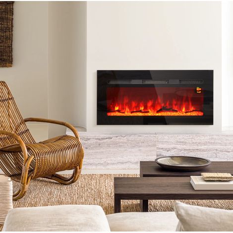 Chimenea eléctrica de pared 91,4x15,8x45 cm de vidrio negro, fácil de montar, salón FloraGrace (1/5)