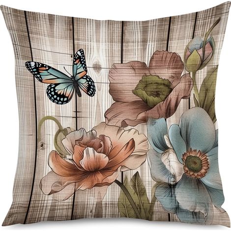 Housse de Coussin décoratif fleurs de lin sur fond bois (1/5)