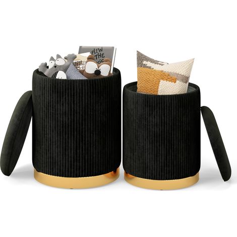 COSTWAY 2 Pcs Velvet Round Footstools Nesting Storage Ottoman-Black (1/5)