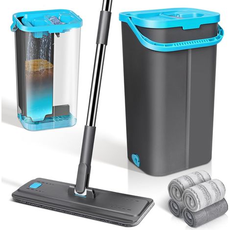 Balai Plat Microfibre et Seau Essoreur, Seau 2 Compartiment Serpillère Rotative 360° et Seau Système Auto-Essorage pour Nettoyage de Sol Humide (1/5)