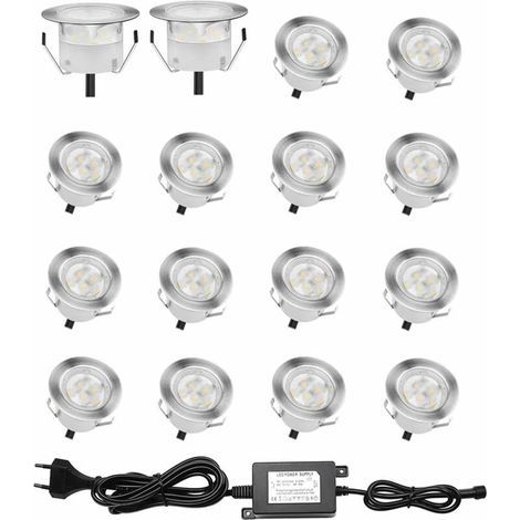 Lot de 16 Spots LED Encastrable pour Terrasse Bois, Etanche IP67, Spots à Encastrer Extérieur, 0,6W DC12V, Lumière Blanc, Kit Mini Lampe pour Chemin Contremarches d'escalier Plafond [Classe énergétiqu (1/4)