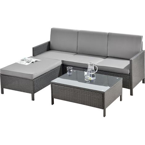 Set di 3 mobili da giardino di design mobili da esterno set di divani sgabello tavolino sedili con cuscini 4 posti acciaio polyrattan vetro poliestere grigio 030006027
