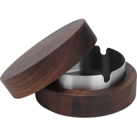 Cendrier compact en bois avec couvercle et doublure en acier inoxydable, coupe-vent innovant pour le bureau, couleur argent. (1/5)