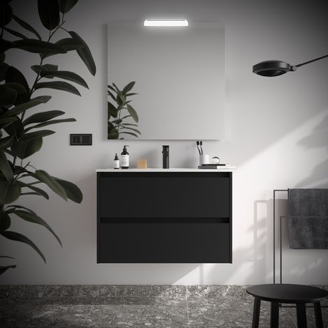 Badezimmermöbel NOJA 800 2 Schubladen BLACK SATIN + Waschtisch + Spiegel