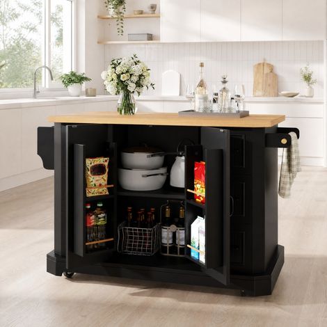 Isola da cucina mobile nera con 2 ante e 6 cassetti, 120 x 45 x 91 cm, MDF e metallo, con ruote (1/5)