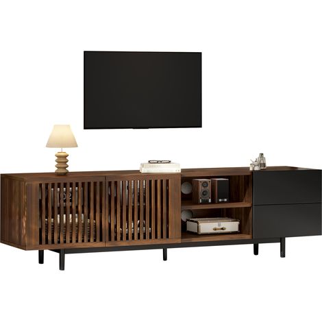 Meuble TV 160x38x50 cm en MDF noir et effet noyer, 2 portes ajourées, 2 tiroirs et niches ouvertes (1/5)