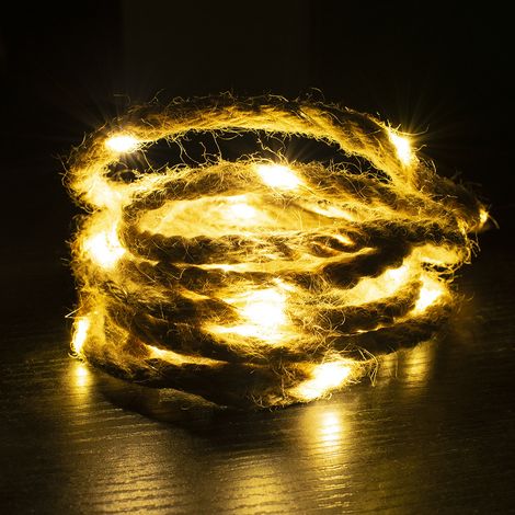 Guirlande lumineuse décorative 20 LED corde chanvre 2m, batterie, fête jardin intérieur extérieur, guirlande féerique portable (1/5)