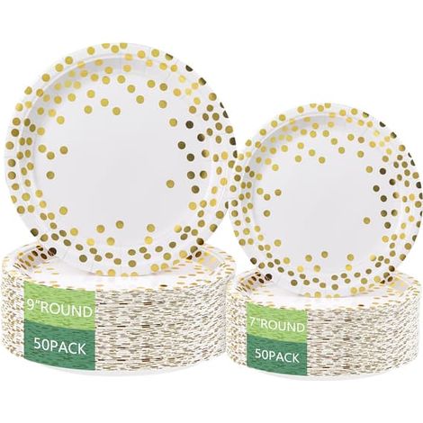 Ecleanfy - Assiettes rondes jetables en papier pour toutes les occasions - Assiettes en papier à pois dorés - Lot de 100 - 50 x 23 cm et 50 x 18 cm, pois métallisés blancs et dorés - Fournitures de fê (1/5)