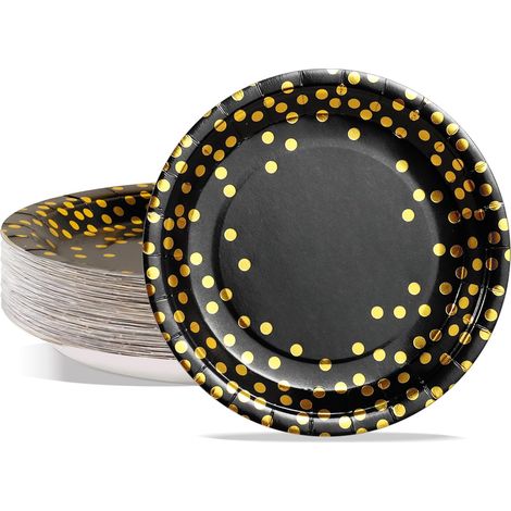 Assiettes En Carton - 50 Pièces - Noir Et Or - 23 Cm - Résistantes - Pour Fêtes Et Pique-niques (1/5)