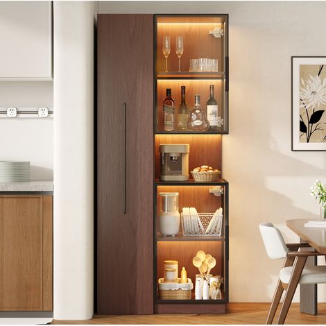Vitrine avec LED et étagères latérales coulissantes, noyer, 70x38x160 cm (1/5)