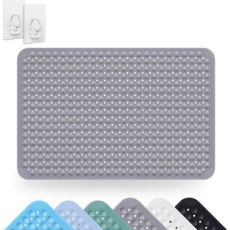 Tapis de douche antidérapant 80 x 120 cm avec ventouses et trous de drainage lavable en machine en PVC tapis de massage antidérapant pour douche avec crochets gris (1/5)