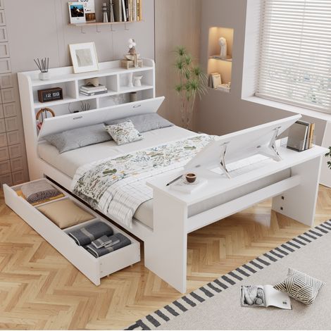 Cama para adultos de 140x200 cm con espacio de almacenamiento, estante en el cabecero y mesa plegable ajustable, base de listones de madera blanca (1/5)