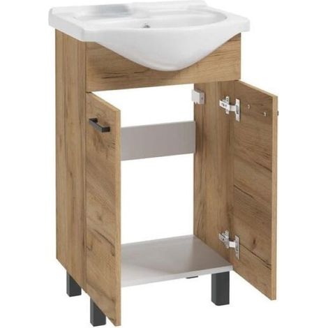 Meuble bas de salle de bain avec lavabo 50 cm – Chêne artisanal – À monter soi-même – Gain de place pour petites salles de bain (1/3)