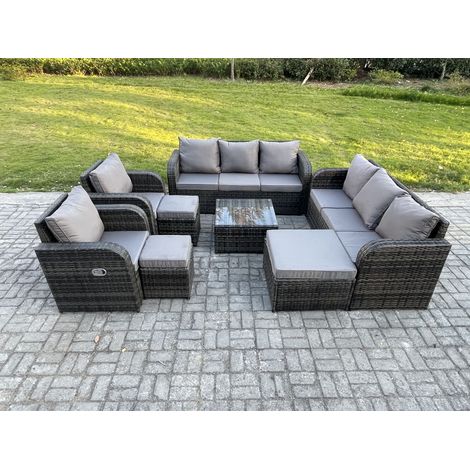 Fimous Hoher Rücken Polyrattan Gartenmöbel Set mit Quadratischer Couchtisch 3 Hockern Garten Lounge Set Dunkelgrau Gemischt (1/5)