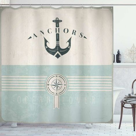 Nautique Rideau de Douche, Ancre Marine Vintage, Tissu Ensemble de Décor de Salle de Bain avec Crochets, 180 cm x 180 cm, Écume de mer Noir Beige (1/5)