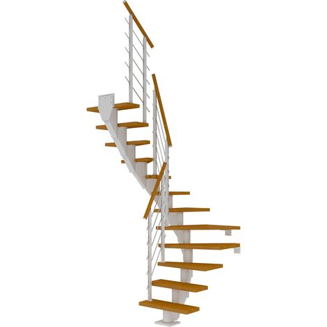 Dolle Mittelholmtreppe Frankfurt 1/2 gewendelt Eiche, geölt 65 cm breit für Geschosshöhen 259 – 301 cm UK Metall Weiß inkl. einseitigem Designgeländer