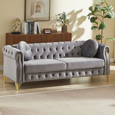 Canapé Droit 2 Places avec Dossier Capitonné, 2 Coussins Ronds Amovibles, Assise à Ressorts, Clous et Pieds Métalliques Dorés, Velours - Gris (1/5)