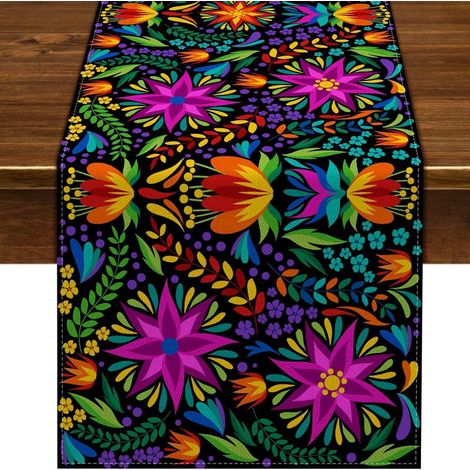 Chemin de table mexicain pour la Fête des Morts, motif floral et crânes, décoration d'Halloween pour salon et meuble TV - 30 x 180 cm (polyester) - WSJZQ-23