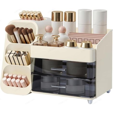 Makeup Organiser Make Up Case for Vanity with Brush Holder,Cosmetic Storage Box with Drawers, Skincare Organizer Products Jewelry Organizer Finishing Box for Bedroom Bathroom (1/3)