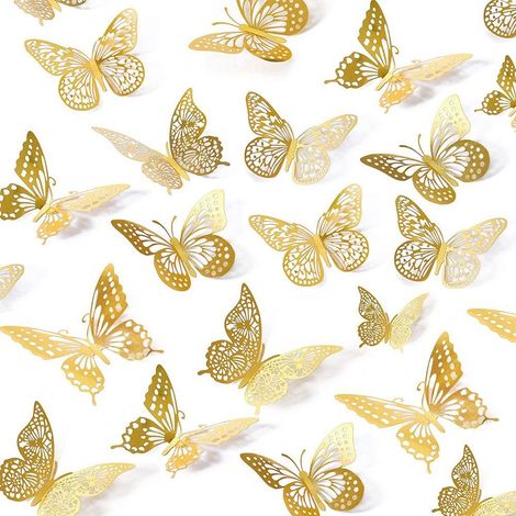 48 Pcs Papillon Décoration Sticker Doré 3D, Autocollants Papillon Amovibles DIY Enfants Filles Adultes Autocollants de Fête - Or (1/5)