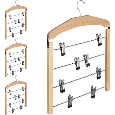 4x Cintres multiple en bois pour robes pantalons antidérapant HxlxP: 45,5 x 39 x 2,5 cm,nature/argent