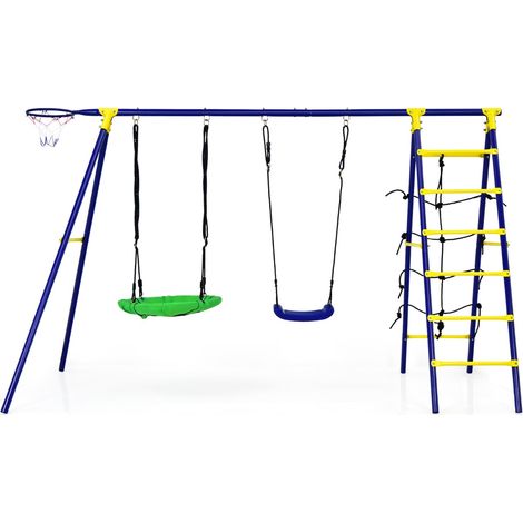 5 en 1 Balançoire Enfants Extérieur avec Panier de Basket Balançoire Nid d'Oiseau Ø66 cm et en U Charge 75kg pour 3-12 Ans Maison Chic (1/4)