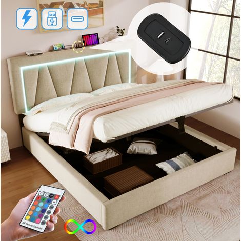 Cama 140x200 cm beige de lino con LED y USB, con almacenaje, ahorra sitio, sin colchón – MEUBLIV (1/5)