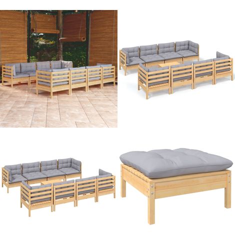 9-tlg. Garten-Lounge-Set mit Grauen Kissen Kiefer Massivholz - Garten-Lounge-Set -  Garten-Lounge-Sets - Home & Living (1/5)