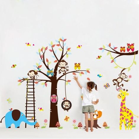 Stickers Muraux décoration adhésifs géant pour enfant - arbre, singe, girafe et oiseaux (1/4)