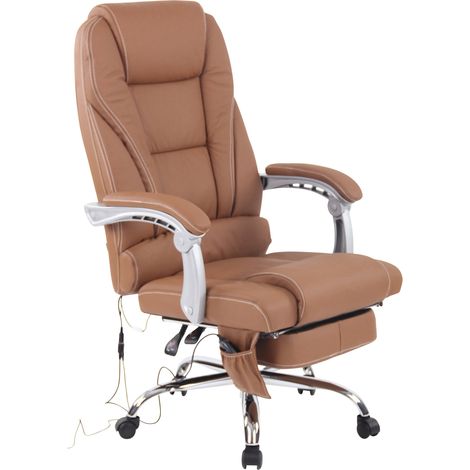 Fauteuil de bureau ergonomique fonction massage avec repose-pieds extensible accoudoirs en véritable cuir marron et métal 100006983