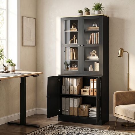 Étagère bibliothèque noire, meuble de stockage 6 niveaux avec 4 portes (2 vitrées en verre trempé), rayonnages ajustables, vitrine fonctionnelle pour salon et bureau. (1/5)