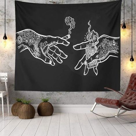 Schwarz-weißer Wandteppich mit Blumenmuster – 150 x 130 cm – Boho-Stil – Originelle Wanddekoration aus Stoff (1/4)