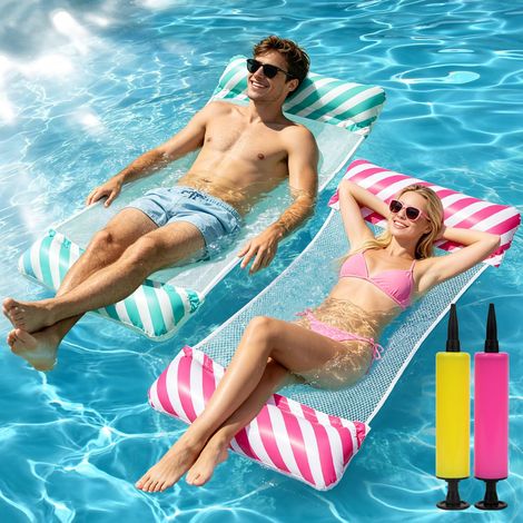 2 Pcs Bouee Piscine Adulte,4 in 1 Hamac Matelas Piscine Gonflable,Matelas Piscine Filet,Hamac de Piscines avec 2 Pompe à Air,Bouées et Matelas Gonflables 2 Personnes (Rose et Bleu) (1/5)