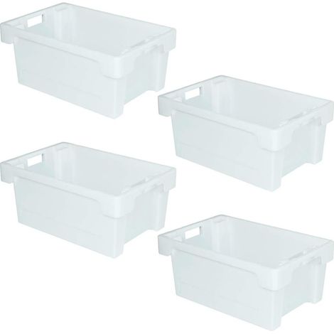 BRB Lot de 4 bacs empilables plastique - Dimensions : 600 x 400 x 250 mm - Blanc - Fond et parois fermés