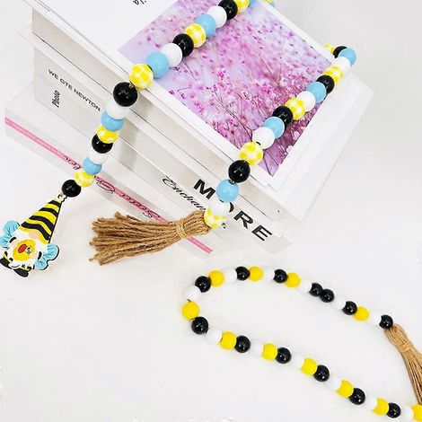 Guirlande de perles en bois avec pompons, ornements à suspendre, thème Fête des Abeilles (1/4)