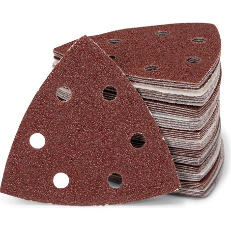 QAZQA Lot de 50 Triangles Abrasifs delta / 6 trous / 93 x 93 x 93 mm / grain 80 / pour ponceuse delta / feuilles abrasives triangulaires / papier abrasif