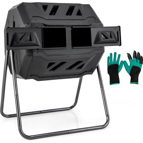 GOPLUS Composteur de Jardin, Bac à Compostage à Double Chambre de 160 L avec 2 Portes Coulissantes, Cadre en Métal, Grand Composteur Rotatif sans BPA pour Déchets de Cuisine, Jardin, Cour (Noir) (1/5)