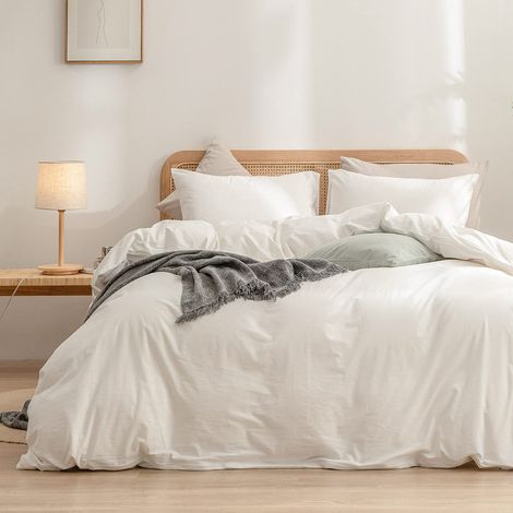 Parure de lit 3 pièces avec Housse de Couette 100% Coton lavé au Toucher Lin, Super Douce, Confortable, Chic et légère, Blanc uni, très Grand lit (1/5)