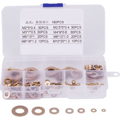 Assortiment de 180 rondelles plates en laiton avec boîte M2/M2.5/M3/M4/M5/M6/M8/M10