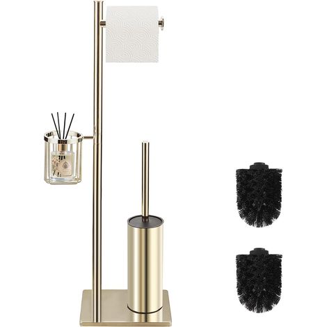 Ensemble Brosse Toilettes WC avec Support Papier Toilette sur Pied et Panier de Rangement, Brosse WC en Acier Inoxydable 3 en 1, Design Minimaliste et Gain de Place (Or) (1/5)