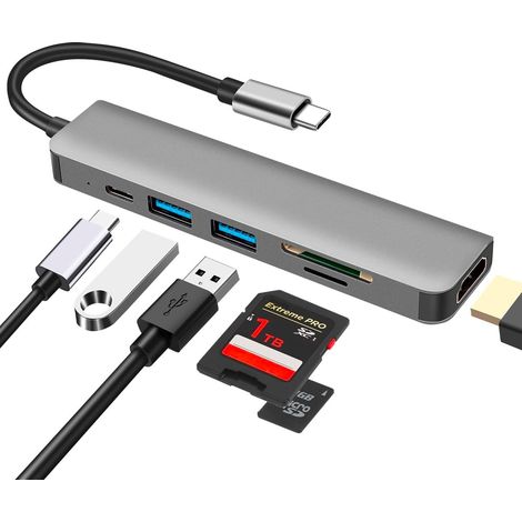 Hub USB-C 6 en 1 avec HDMI 4K, lecteur de cartes SD/TF, USB 3.0/2.0 (1/5)
