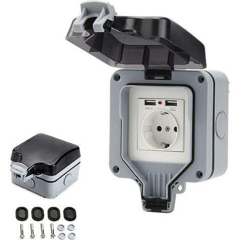 Prise Étanche IP66 avec Connexions USB Prise Électrique Extérieure avec Couvercle Boîtier de Prise Murale pour Jardin Garage Piscine (1/5)