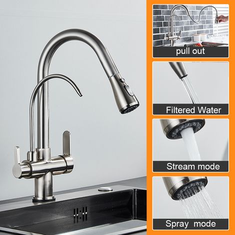 Robinet de cuisine 360° à 3 voies – Mitigeur eau chaude/froide avec filtre à eau, pulvérisateur extractible et 3 modes de jet