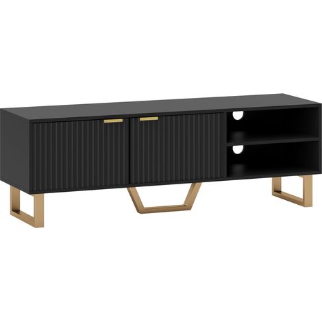 Meuble TV pour téléviseur jusqu'à 70 pouces - banc TV avec placard cannelé à 2 portes, étagère ouverte et gestion des câbles (1/5)